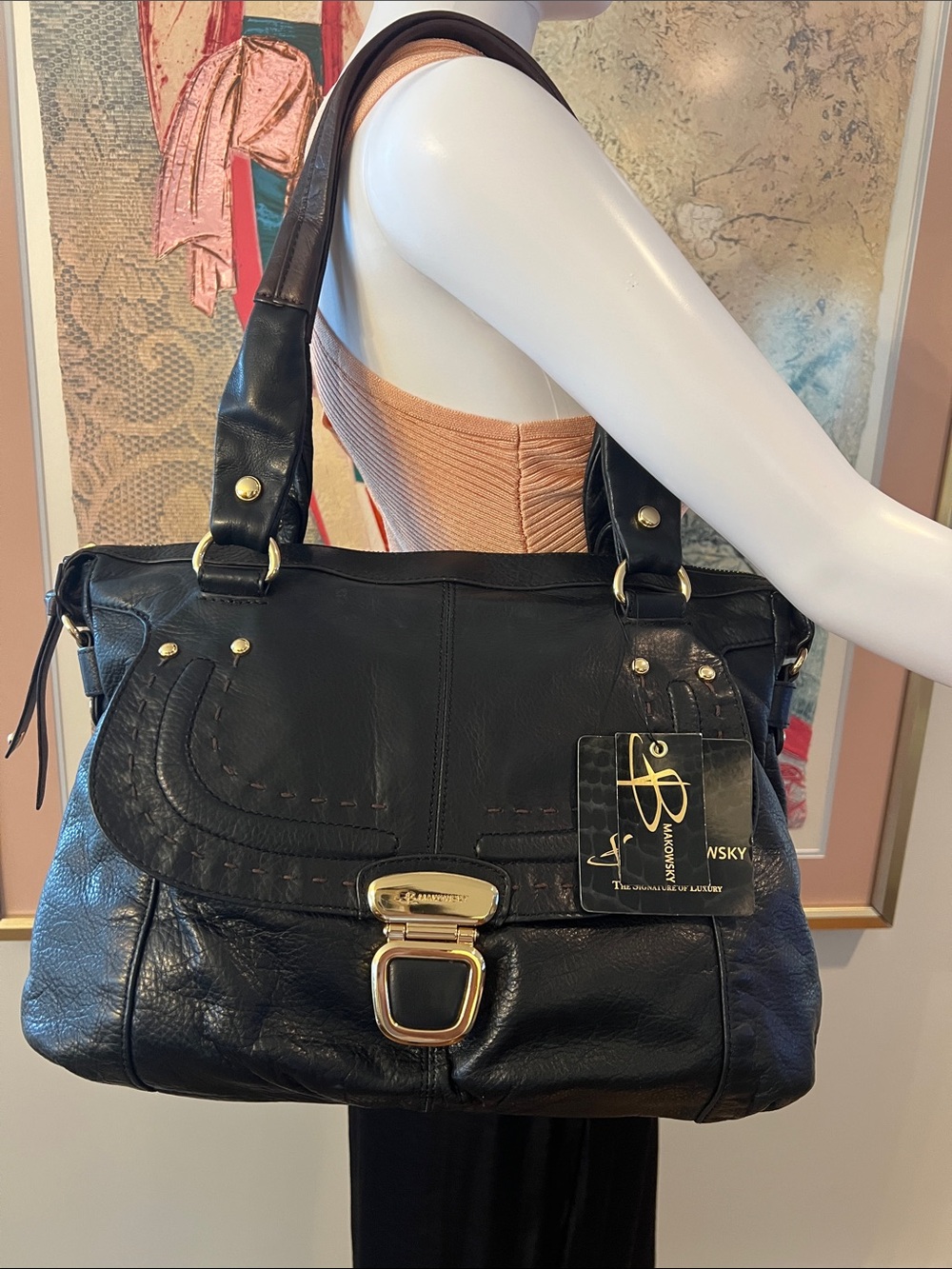 b. makowsky Black Leather Shoulder Bag with Gold Hardware